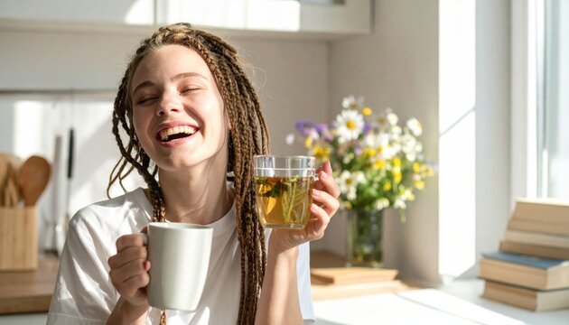 Young Woman with Braids Laughing While Holding Two Cups of Hot Beverage in a Bright Kitchen