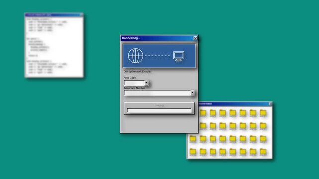 Retro computer screen showing dial-up connection process with loading bar and folders