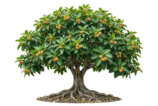 Mature Kadam tree, broad rounded crown, large glossy leaves and spherical yellow-orange flower clusters, sturdy trunk with exposed roots, ultra-realistic 8K, sharp, isolated white background