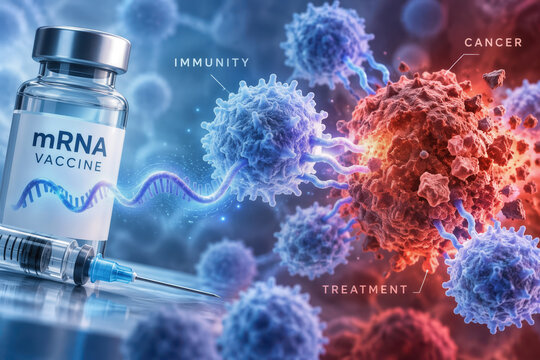 mRNA cancer vaccine immunotherapy concept showing mRNA vaccine vial syringe activating immunity cells attacking cancer tumor cells treatment oncology immunology research innovation