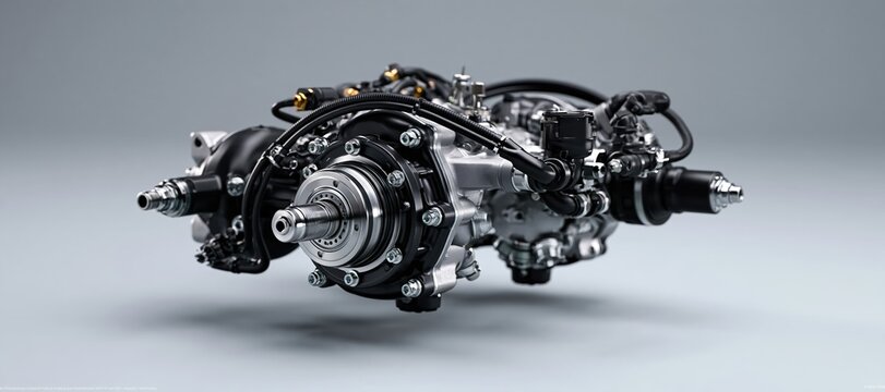 Automobile chassis section with exposed machined components on seamless gray background