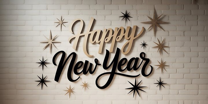 Happy new year greeting sign with cursive lettering and decorative star shapes mounted on a white painted brick wall texture background