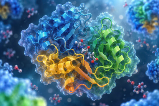 Protein structure concept three dimensional visualization of protein folding molecular biology biomolecular interactions for biomedical research cellular enzymes and drug design illustration
