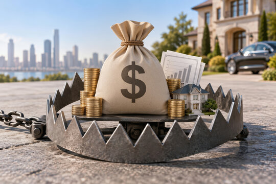 Wealth tax trap concept with bag of money coins house property investment bills caught in giant bear trap symbolizing taxes on investments and property financial risk investing pitfall crisis warning