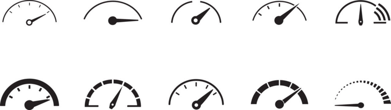 Dashboard speedometer icon set for car speed, internet speed, performance, and measurement indicators.