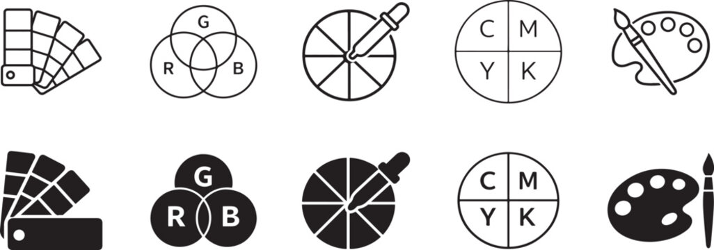 Color palette icon set featuring paint swatches and color guides for graphic design and creative projects.
