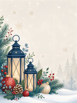 Two glowing christmas lanterns with pine branches and holiday ornaments