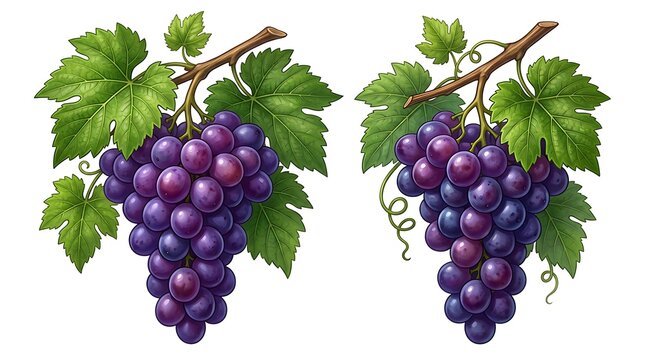 Fresh Purple Grapes Bunches with Green Leaves on Branch Isolated on White Background for Organic Vineyard Design Project
