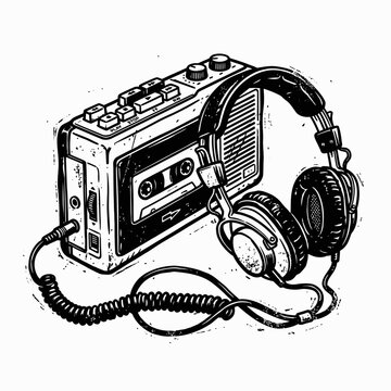 Vintage Portable Cassette Player with Headphones Retro Audio Equipment Illustration. vector