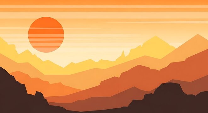Stylized desert mountains at sunset with orange sun