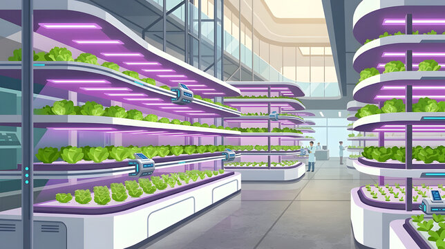 Futuristic indoor vertical farm laboratory with green hydroponic crops under purple LED grow lights vector style illustration