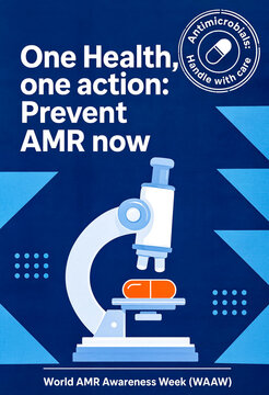 An alarm clock with bacteria and a capsule on its face. Poster for World AMR Awareness Week.