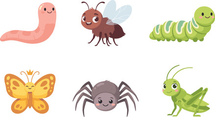 Obraz premium Cute insect cartoon characters vector collection featuring happy caterpillar butterfly worm spider fly and grasshopper for kids educational design isolated on white background