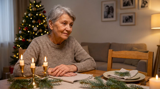 Elderly woman sitting alone at holiday dinner table with empty chairs.