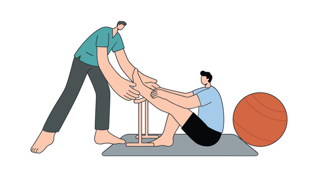 Physical therapy session with physiotherapist stretching patient leg vector illustration.