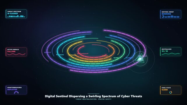 Colorful Malware Class Bands Vanishing in Cybersecurity Animation with Digital Sentinel