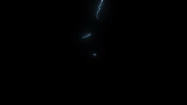 Powerful blue lightning bolt strike flashing against pure black background for visual effects composite