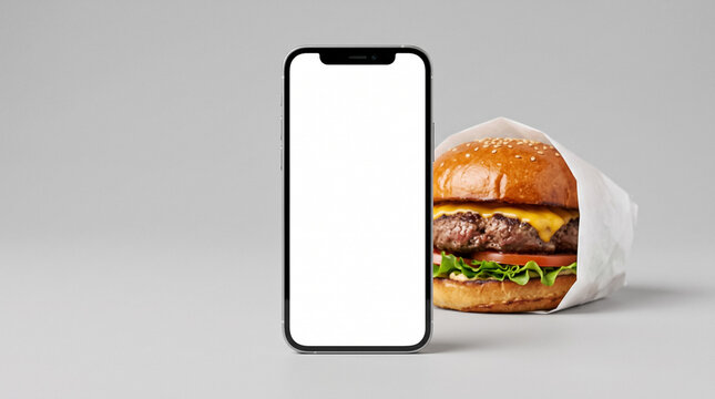 smartphone with blank screen standing near juicy burger in paper wrapper mock up