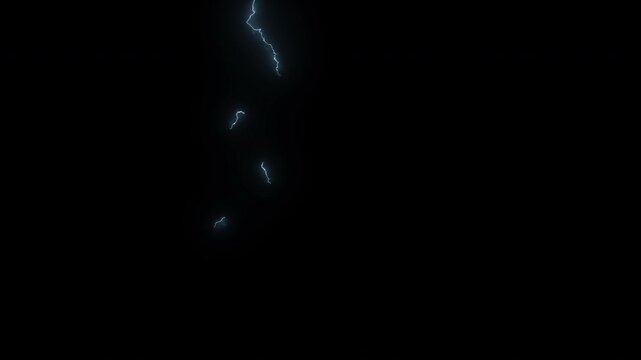 Electric blue lightning strikes flashing and branching against a dark black background in slow motion