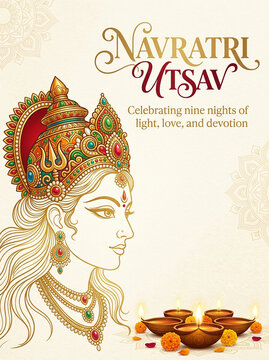 Navratri utsav celebration with goddess illustration and diya lamps illustration