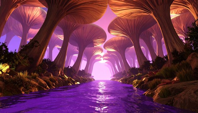 Giant alien mushrooms forming a canopy over a purple river, low-angle shot