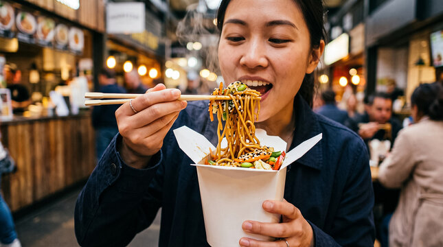 asian girl hungrily eating asian wok noodles with chopsticks from a paper box in a food court