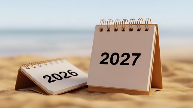 Two small desk calendars showing the years 2026 and 2027 sitting on a sandy beach with a blurred ocean background, for a new, year travel concept
