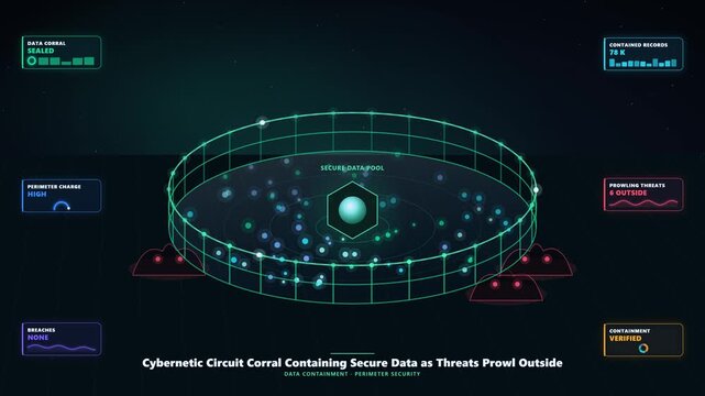 Charged Circuit Fence Enclosing Data Pool with Shadow Creatures in Cybersecurity Animation