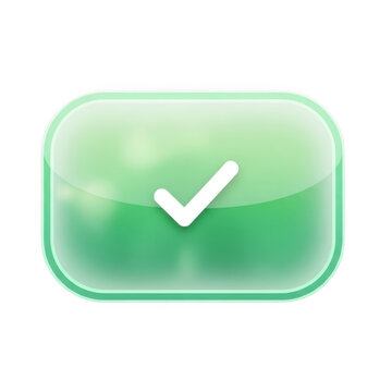 Glossy green check mark button icon with rounded corners isolated on transparent background