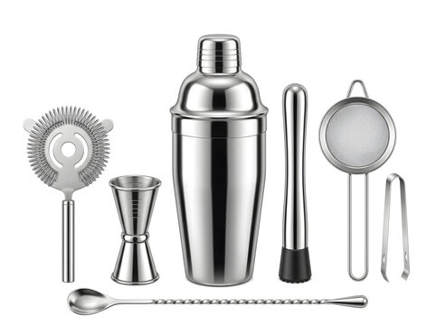 Cocktail Barware Collection: A polished stainless steel collection of cocktail making tools, including a shaker, jigger, strainer, muddler, and bar spoon, ready for crafting delicious drinks.