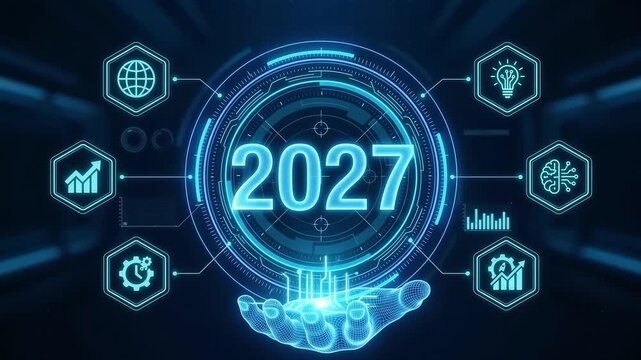 Futuristic digital HUD interface featuring the year 2027 with neon glowing icons for global technology, artificial intelligence, business growth, and innovation held by a wireframe hand.