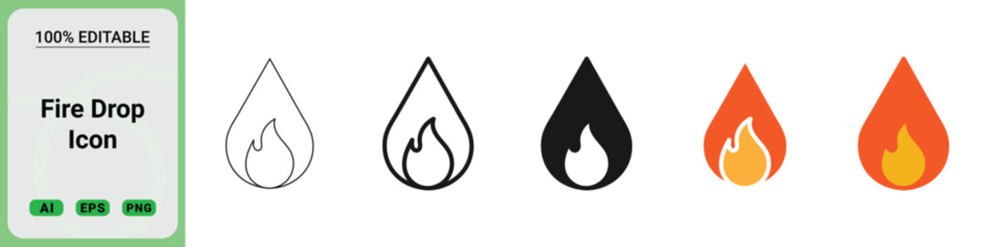 Fire drop icon set, vector illustration of a flame inside a water droplet shape, creative design element for energy and environment concepts