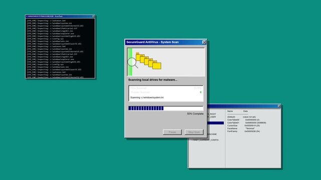 Retro Computer Screen with Antivirus Scan and Command Prompt