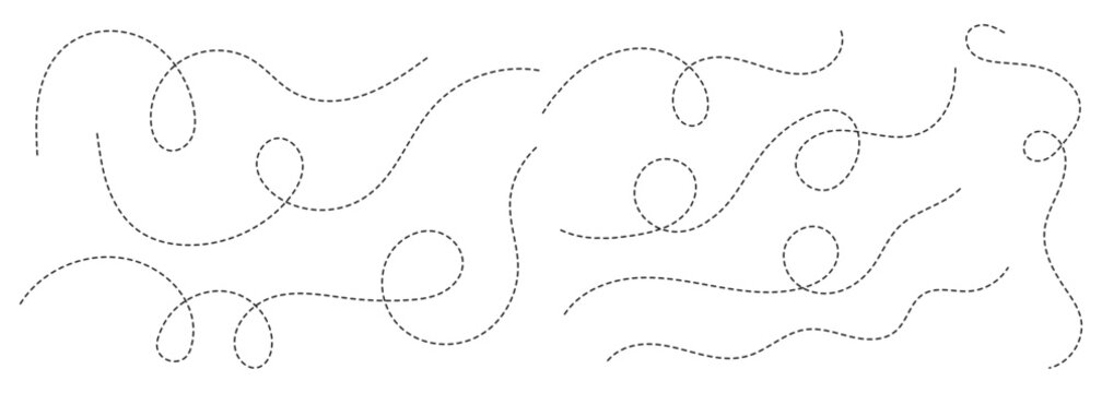 .Hand drawn dotted lines path on white background. Set of curved and spiral dotted line. Path travel dotted line trip dashed trace destination track plan and travelling. eps10.