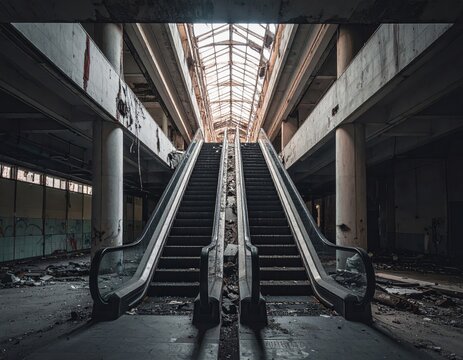 Derelict escalator inside an abandoned commercial building