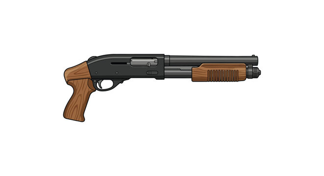 Pump action shotgun with wooden stock is digitally illustrated on a white background