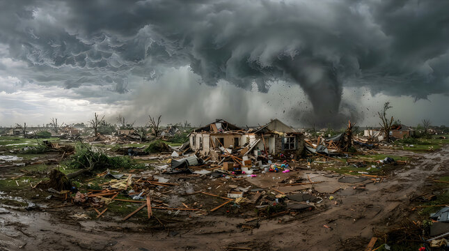 Devastated residential neighborhood after a powerful tornado storm with dark stormy clouds