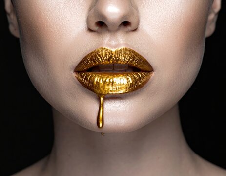 Woman's lips painted in dripping golden liquid makeup