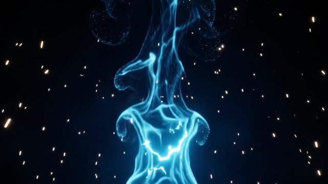 Blue plasma pillar erupts with lightning flashes in dark abstract spac