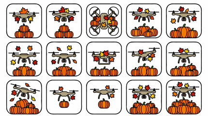 Fototapeta premium Flat Design Drone with Autumn Leaves and Pumpkins Icon Set, Vector Illustration of Flying Quadcopter and Fall Harvest Symbols, Graphic Resource Collection