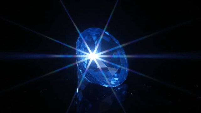 Blue sapphire gemstone rotating on dark surface with bright lens flare