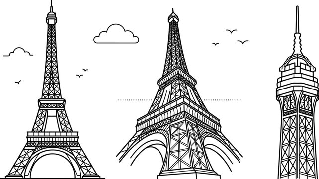 Paris Eiffel Tower Landmark Line Icon Set with French Architecture Monument Sketches Clouds and Flying Birds Vector Elements