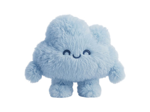 Cute fluffy blue cloud character with a happy smiling face and small legs isolated on transparent background