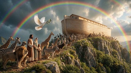 Obraz premium Biblical Noah ark sits on mountain top after great flood. Man woman, child stand with diverse wild animals under bright rainbow. White dove flies with olive branch in cloudy sky. Concept of faith