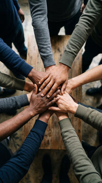 Multiethnic Group Of People Joining Hands In Unity Circle