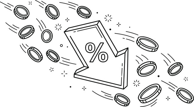 Financial Crisis Line Icon Vector with Falling Percent Arrow and Dropping Dollar Coins for Business Recession Graphics