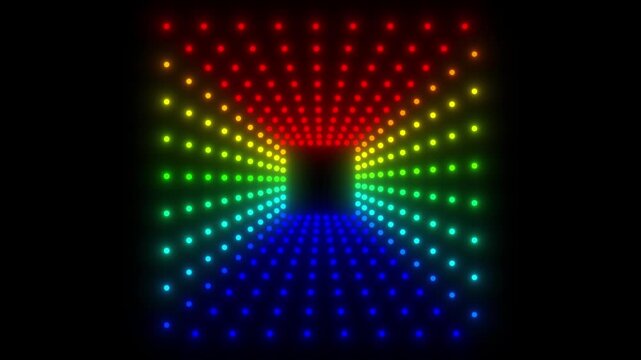 Colorful glowing dots move inward and outward in a radial audio spectrum pattern, creating a vibrant music visualizer animation on black.