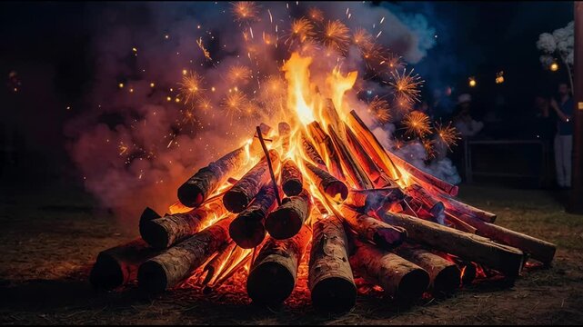 Bonfire fire and fireworks in British England on holiday celebration Guy Fawkes Night AI Generative