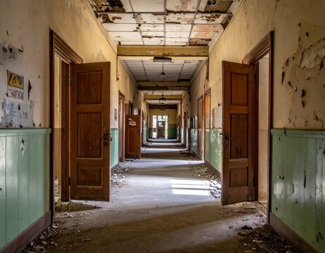 Abandoned building hallway showing decaying walls and open doors