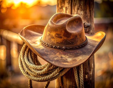 Cowboy hat and lasso hanging on wooden post at sunset